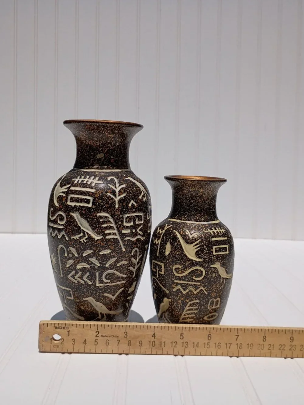 Vintage Pair Chinese Ceramic Hieroglyphic Vases Brown Speckled Boho Decor MCM